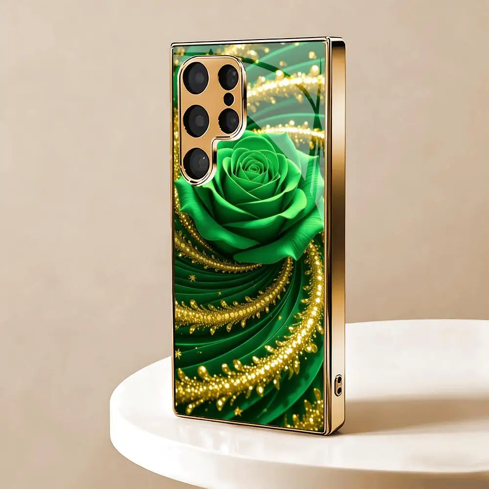 Green rose plated glass phone case suitable for Samsung Galaxy S26 S25 S24 S23 S22 S20 FE/Ultra/Plus hard case back cover