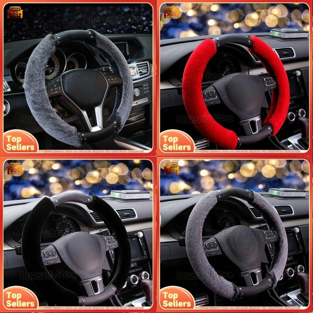 

2026 Suitable for Universal Car Models Plush Steering Wheel Cover with Rabbit Fur Crown Design Warm Winter Accessory for Men and