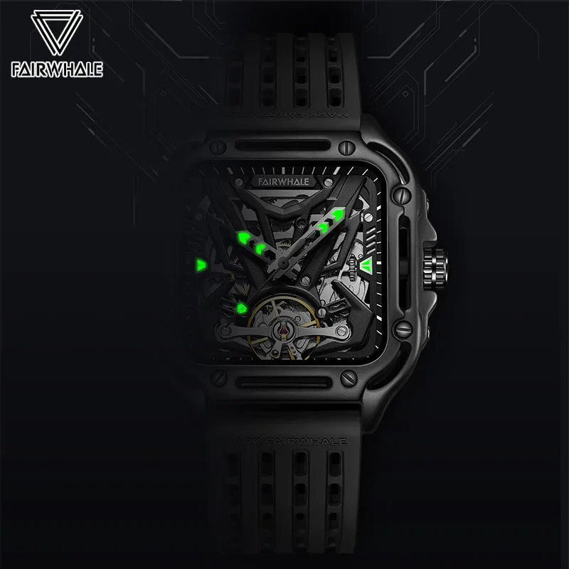 Montre mécanique carrée avec bracelet en silicone pour homme, horloge noire, montres de sport à la mode, modules de haute qualité