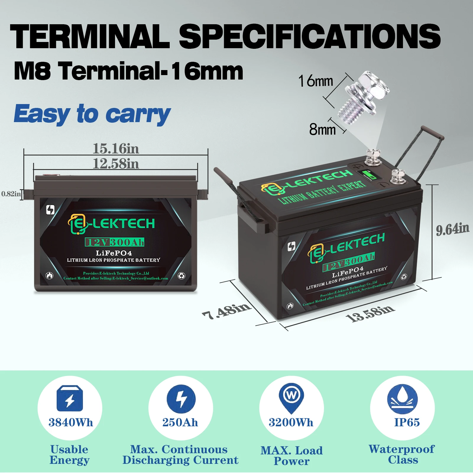 12V 300Ah LiFePO4 Lithium Battery Up to 10000 Cycles, Max. 3200W Power, for Off-Grid, RV, Golf Cart, Solar Power System