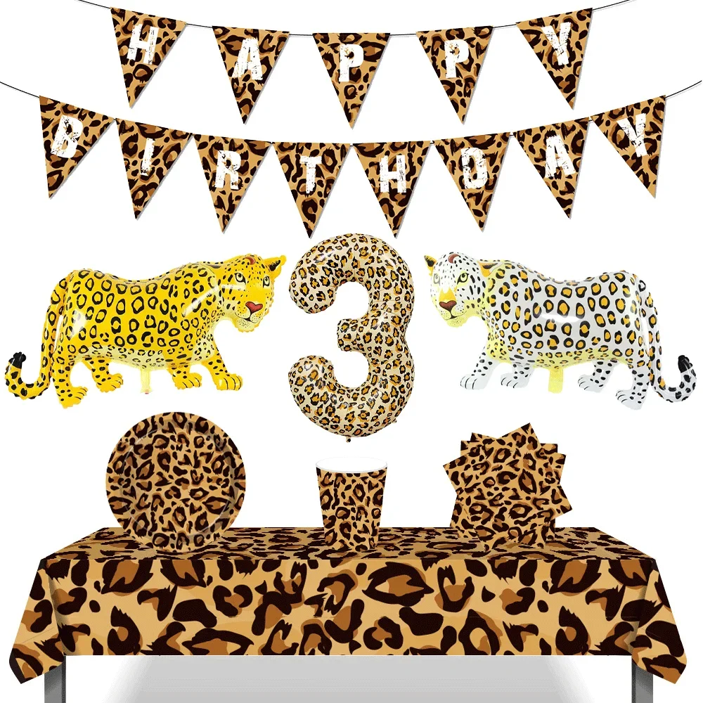 

Cheetah Theme Party Supplies Disposable Tableware Leopard Print Balloons Jungle Safari Hunting Birthday Decor Kids Gifts Globos