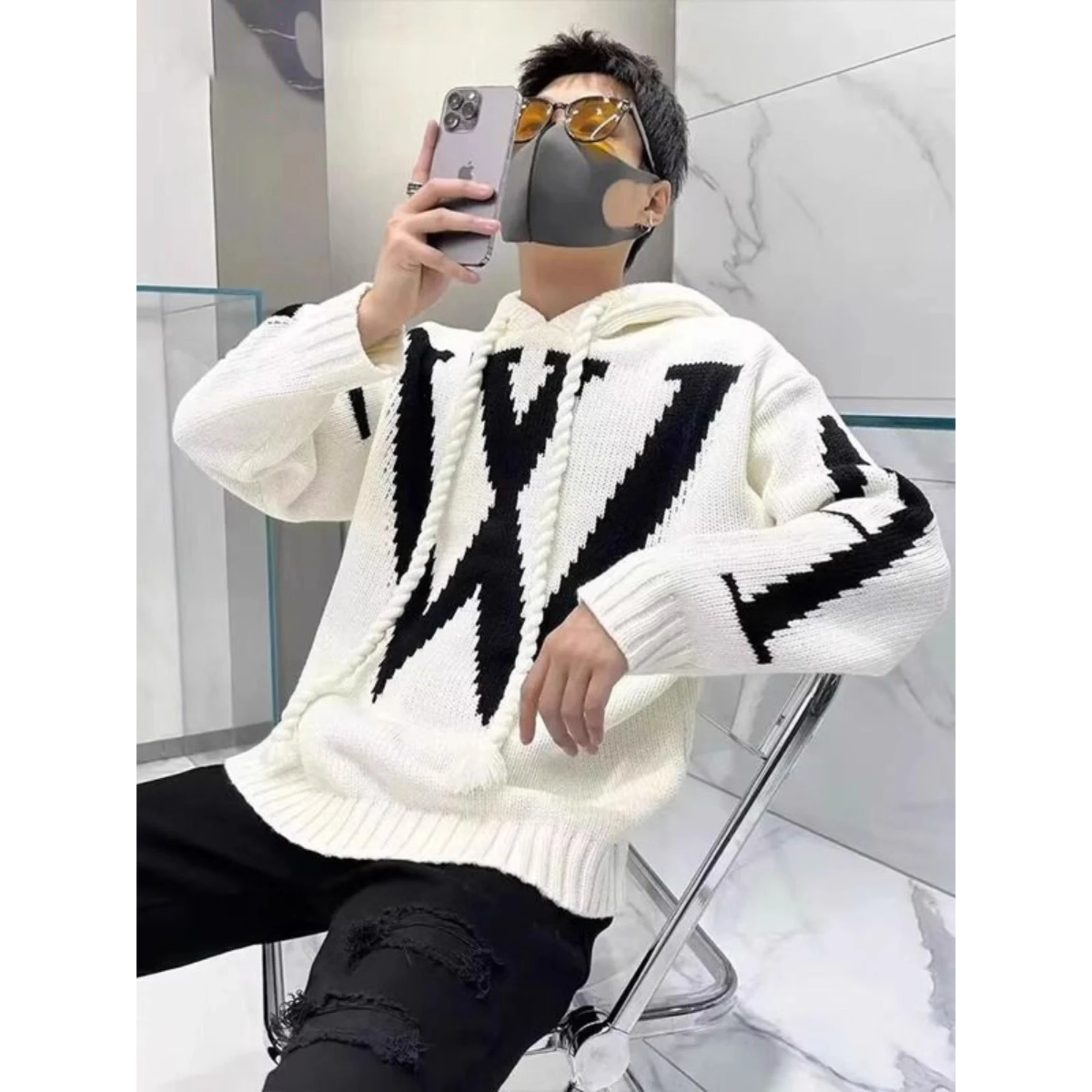 

Мужская тяжелая вязаная толстовка с капюшоном в американском стиле, модный тренд, свободная посадка из полиэстера 300 Pou, зимняя толстовка Jaet