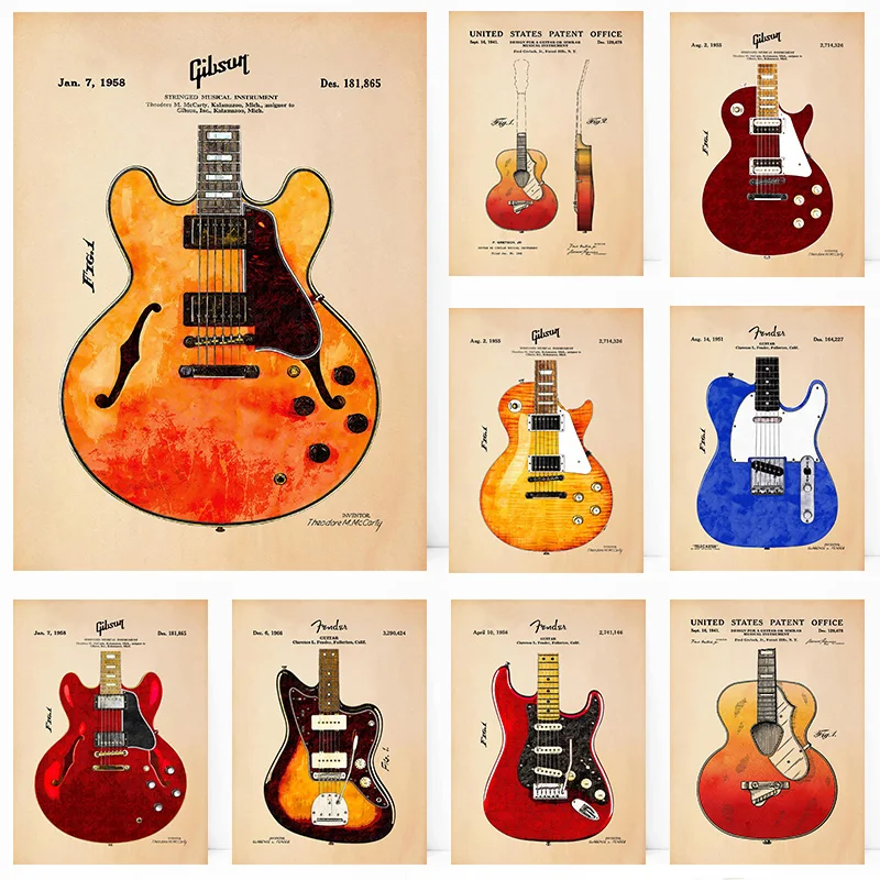 Acoustic Electric Guitar Blueprint Patent Music Electric Bass Poster Print Wall Art Pictures Canvas Painting Room Home Decor