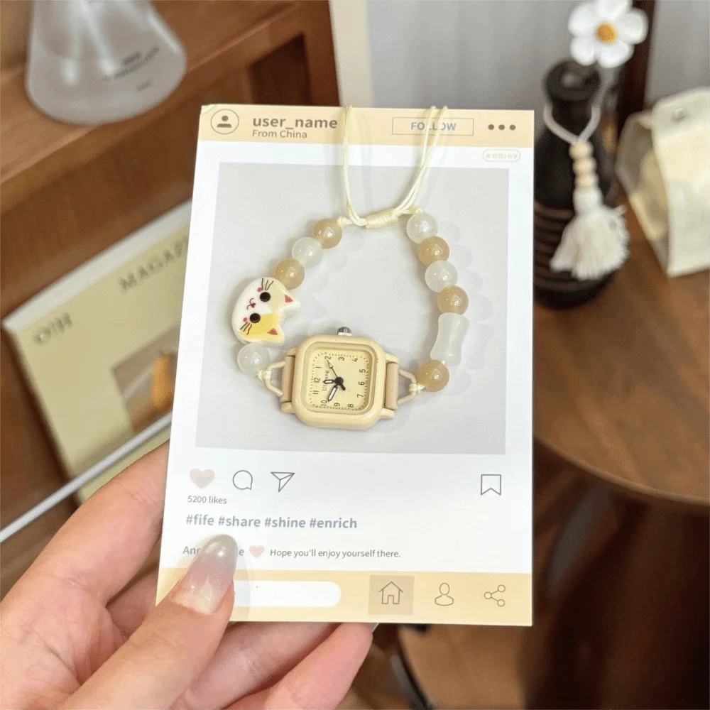 Fashion Adjustable Bracelet Watch Cartoon Cat Beaded Chain Watch Cute Quartz Watch for Women Girls