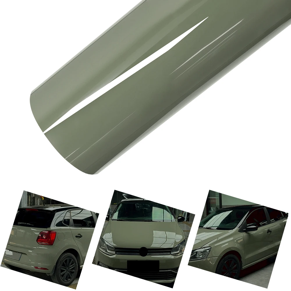 

High Brightness Khaki Green Car Vinyl PVC Wrapping Glossy Film Decal Auto Body Styling Decoration Accessories Bubble Air Free