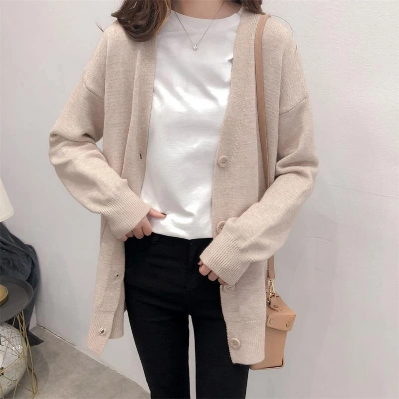 

Outerwear Sweater Knit Cardigan Korean Version Loose Oversized Lazy College Spring Autumn and Winter New V-neck Jacke
