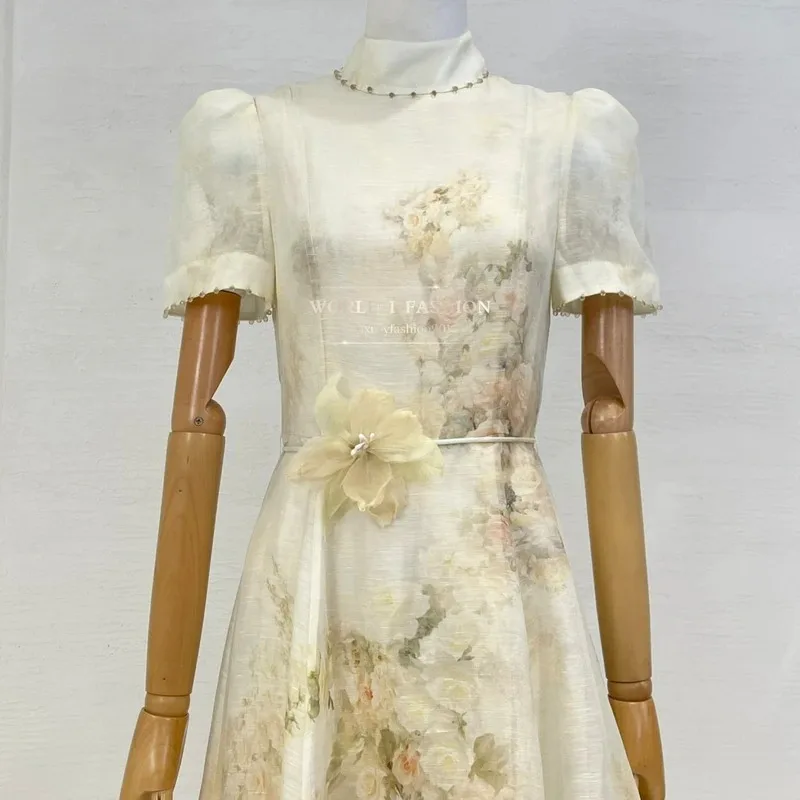 Otoño nuevo estilo Casual mujeres que usan 2025 Beige Rosa árbol estampado manga corta rebordear vestido Midi