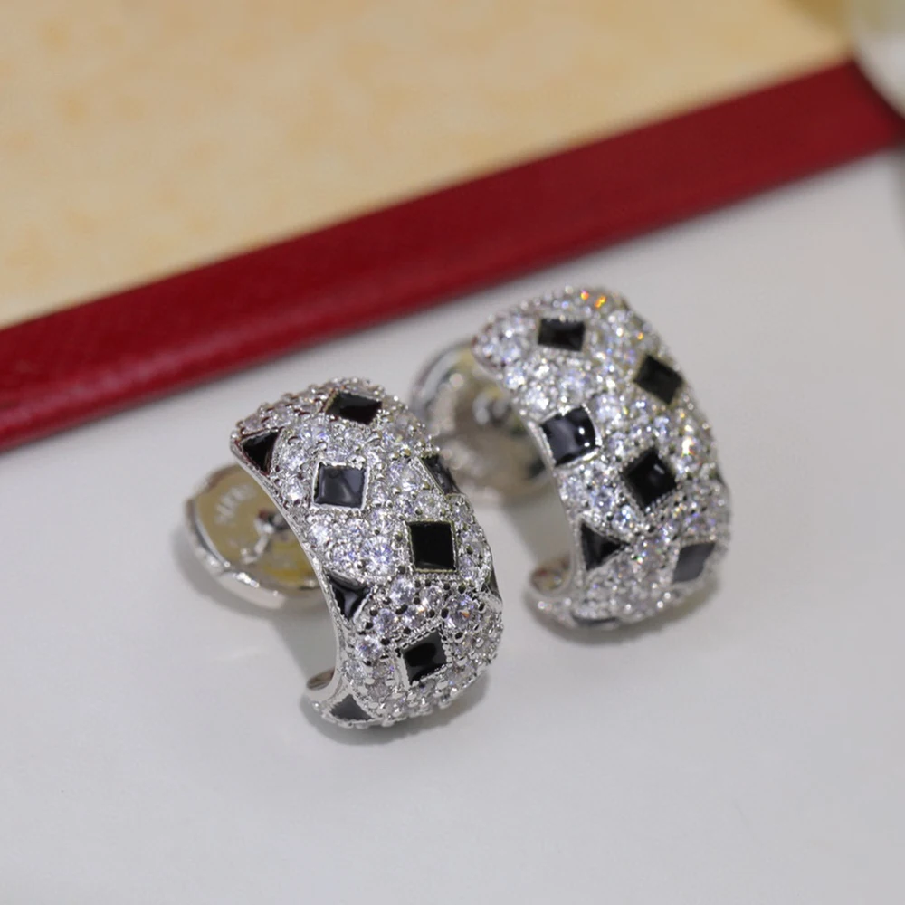 

Brand Pure 925 Sterling Silver Earrings Black Spot Design Lucky Diamond Party Jewelry Women Stud Earrings Luxury Quality