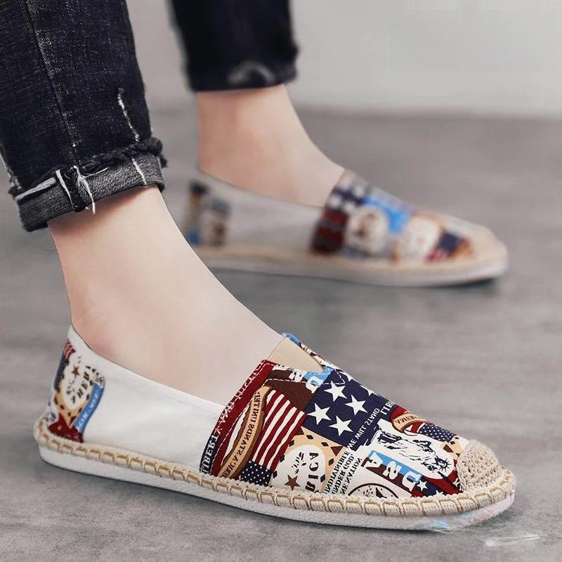 Men's Summer Canvas Shoes Breathable Grass Woven Linen Fishing Boat Slip-On Soft Bottom Lazy One-Touch Casual Shoes