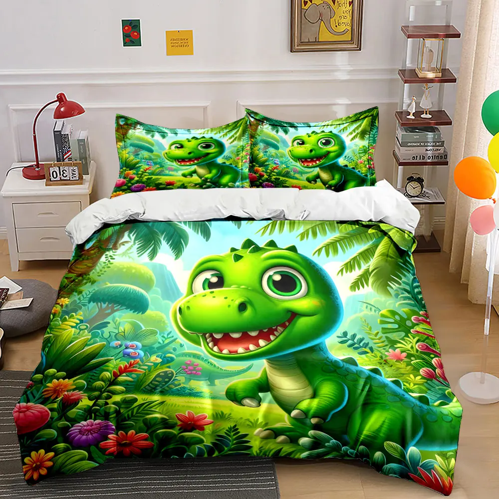 

Green cartoon dinosaur tropical plants Duvet Cover Set with 3D Printing Design Soft Polyester Bedding Set All-Season Comfort