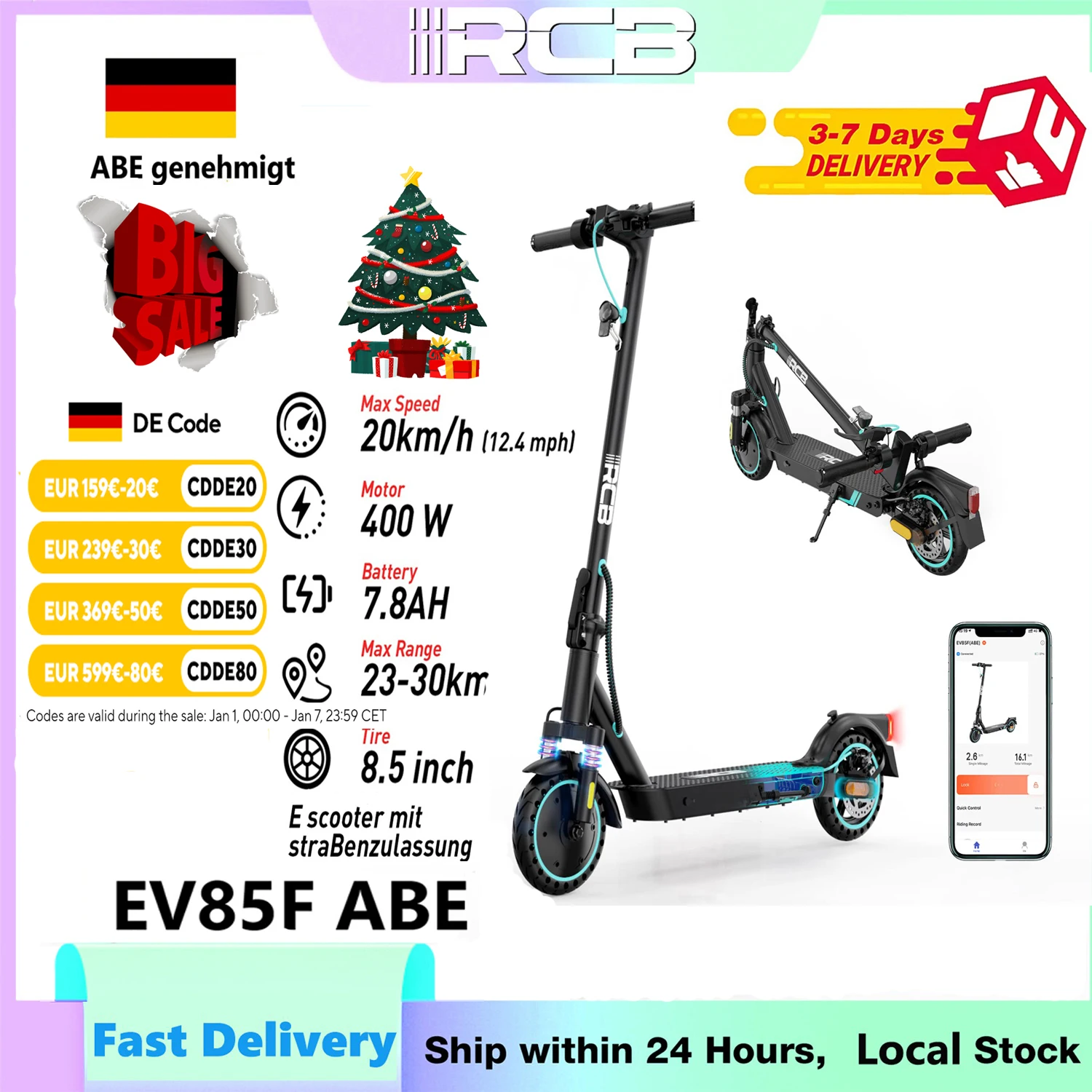 RCB EV85F Electric Scooters Adults, E Scooter ABE - APP Control, 400W Motor, 7.8AH Battery, 15KG weight, 3 Speed Modes