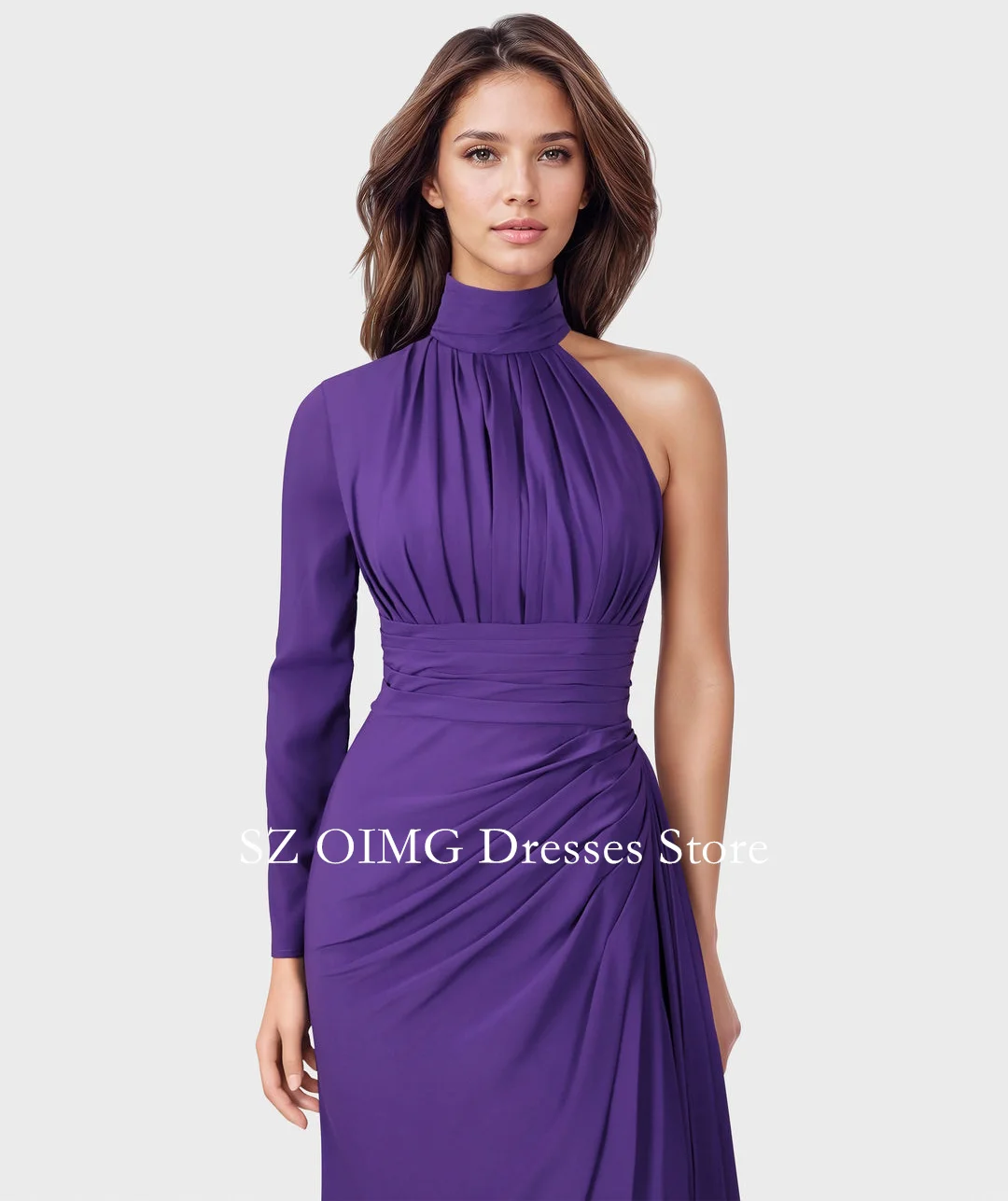 Oimg neues Design High Neck lila Ballkleider drapiert Kleid mit Seite Satin Zug Vintage Frauen Abendkleider formelle Party kleid