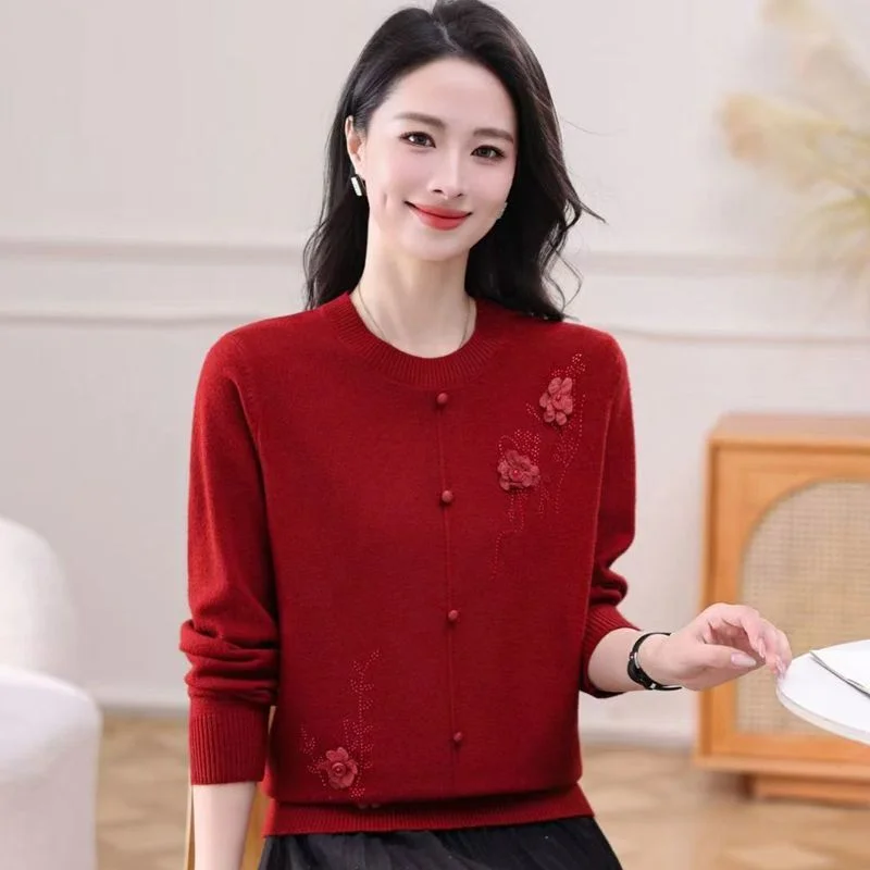 Maglione ricamato alla moda lavorato a maglia nuovo da donna autunnale Top base ampio a maniche lunghe