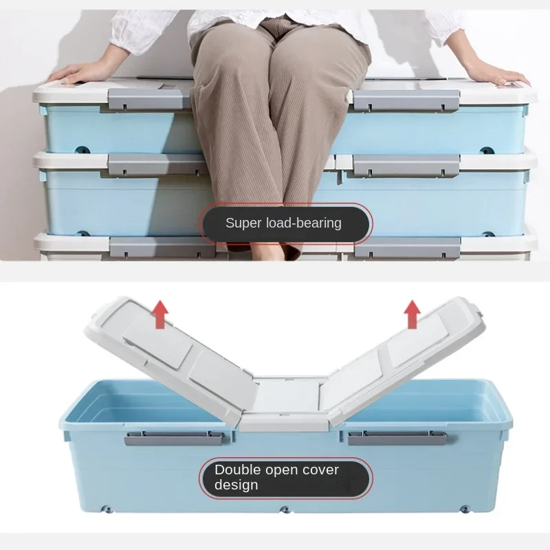 Bed Storage Box with Cover and Wheels Pulley Quilt Clothes Organizer Flat Plastic Bed Bottom Storage Solution