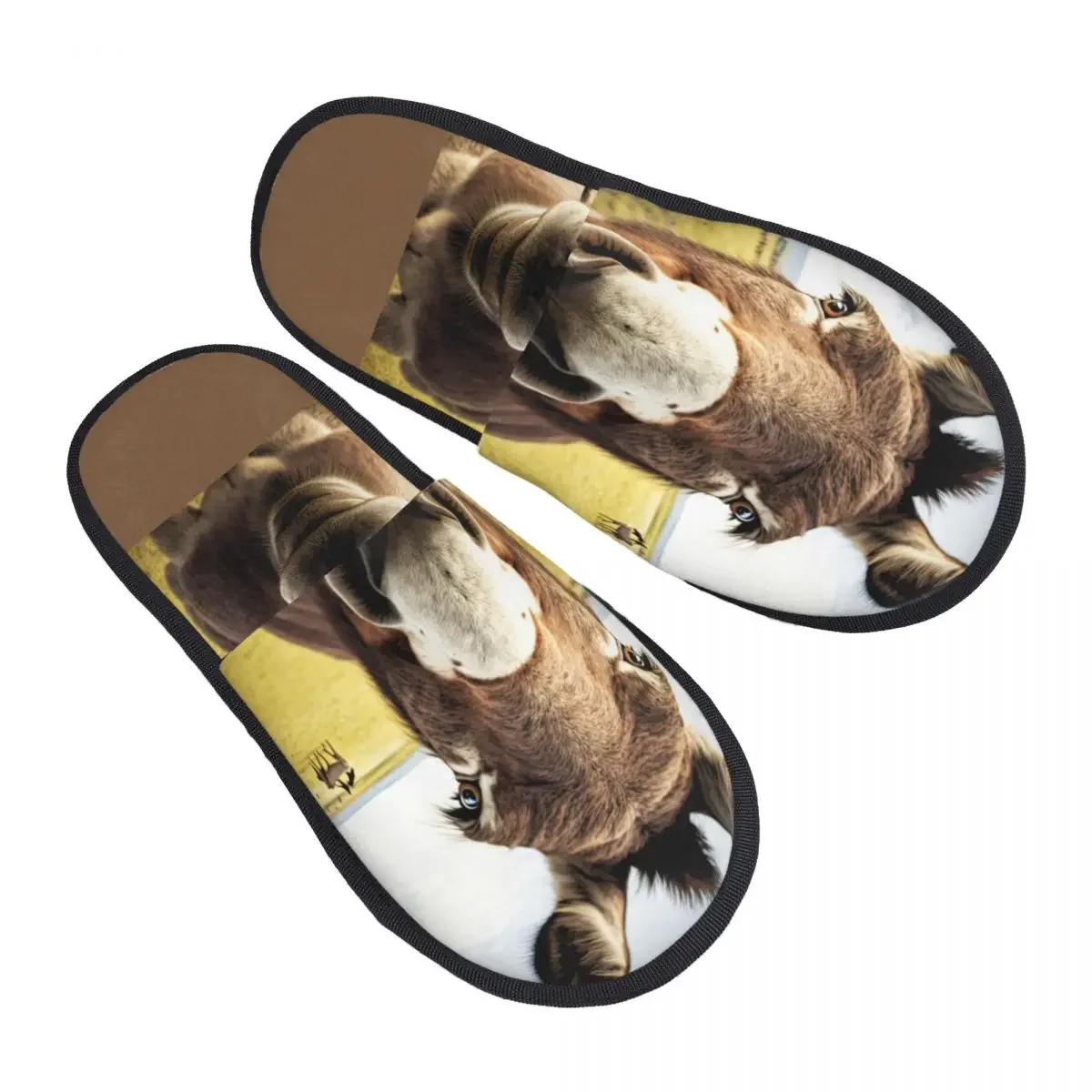 Winter Warm Women Men Plush Flat Indoor Slippers Funny Curious Donkey Furry Home Non-slip Shoes