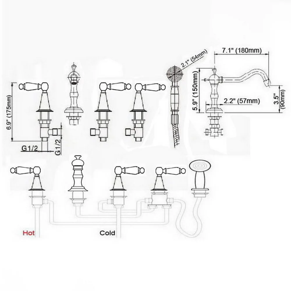 Black Brass 5pcs Widespread Bathtub Sink Faucet Deck Mounted with Handshower Bathroom Roman Tub Taps Ntf054