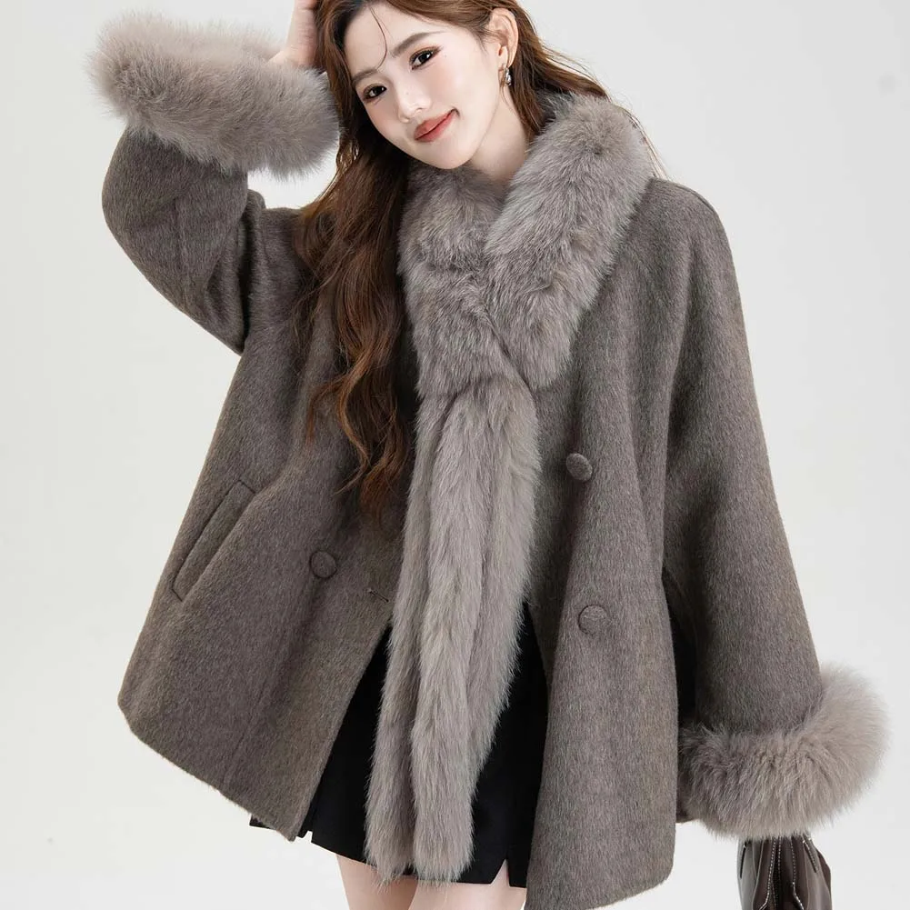 

Korean version of the cape 2025 autumn and winter new fox fur fur collar full wool coat double-sided wool coat