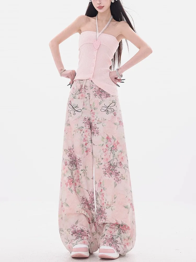الربيع الصيف عادية واسعة الساق من الأرض إلى السقف السراويل الأمريكية الرجعية المطبوعة زهرة نمط المطرزة الجينز تنوعا السراويل