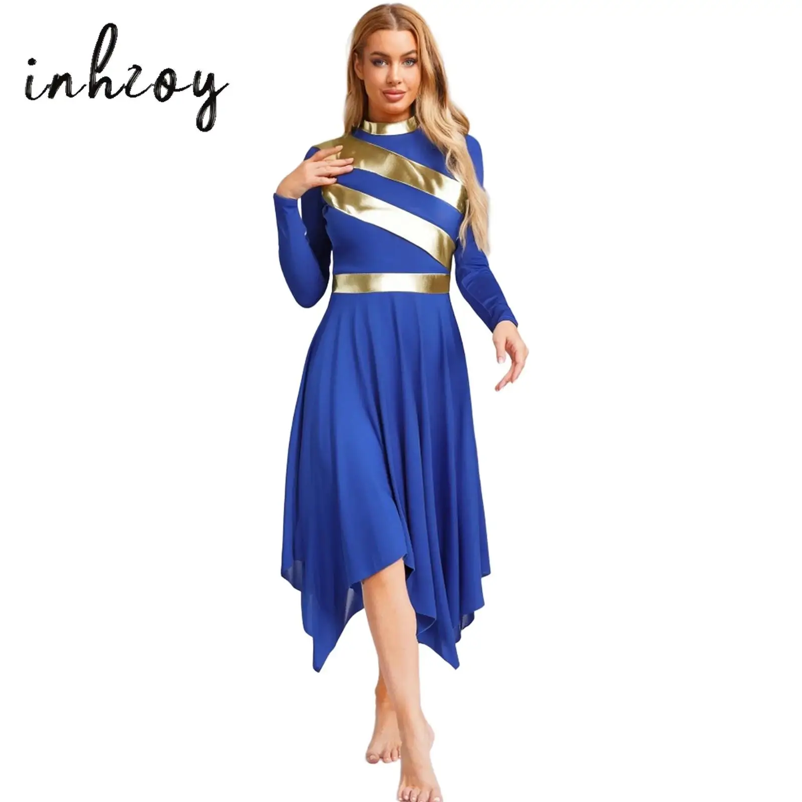 

Womens Liturgical Lyrical Dance Dress Metallic Patchwork Long Sleeve Irregular Hem Dress Worship Praise Robe Dress Tunic Costume