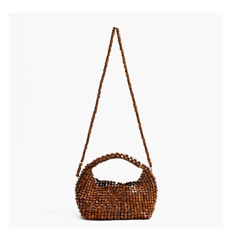Vintage Wooden Beaded Tote Bag Women Handmade Woven Wood Bead Top Handle Hobo Bag Summer Bohemian Style Beach Mini Handbag Purse