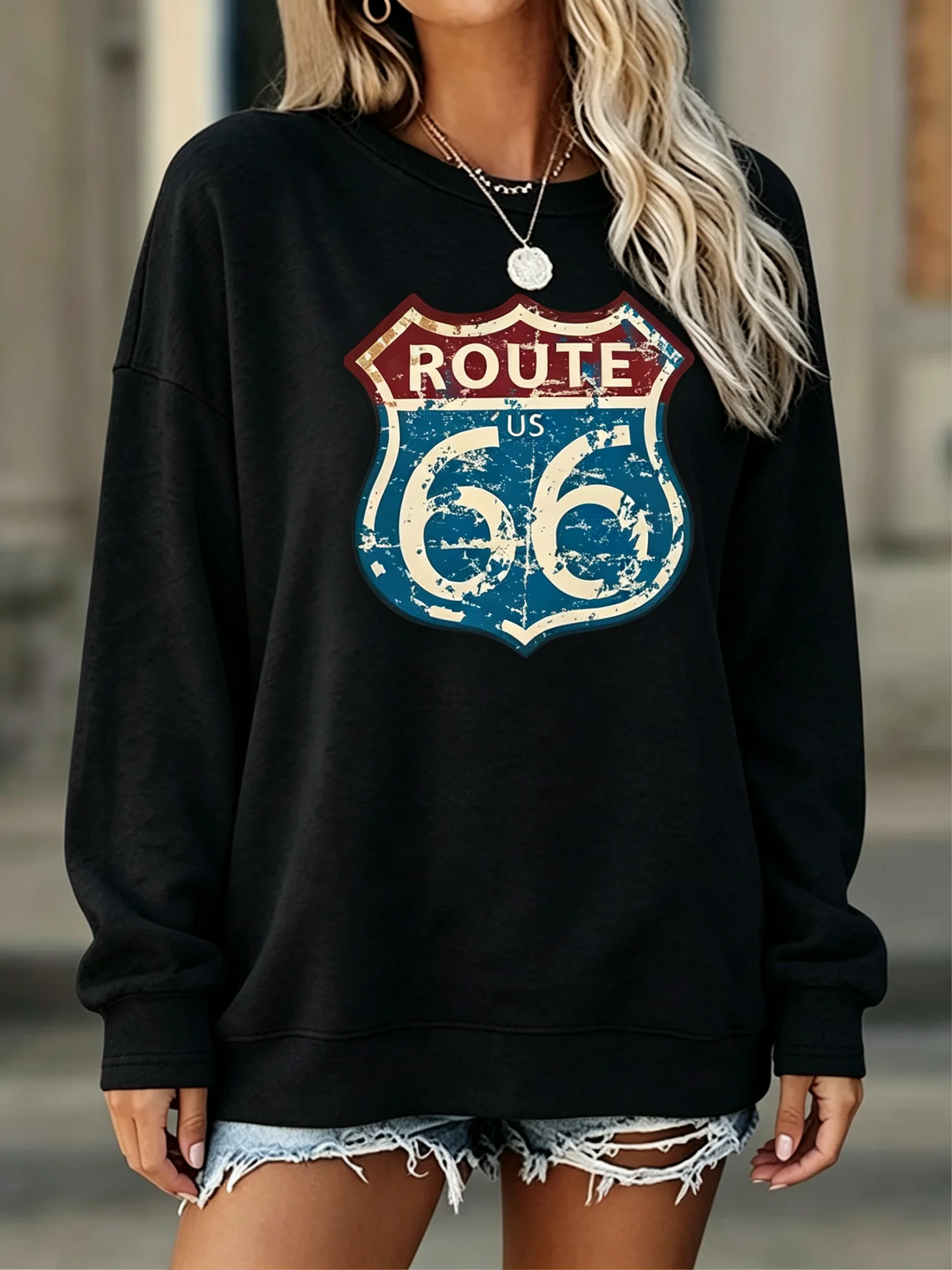 Women Route 66 Vintage Road Sign Graphic Sweatshirt,Crew Neck Long Sleeve Pullover,Retro US Highway Top For Fall Casual