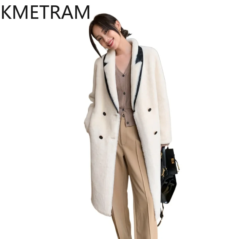 Damska kurtka z prawdziwej wełny owczej Merino, dwustronna, biała, długa, zimowa odzież damska 2025, futrzane kurtki