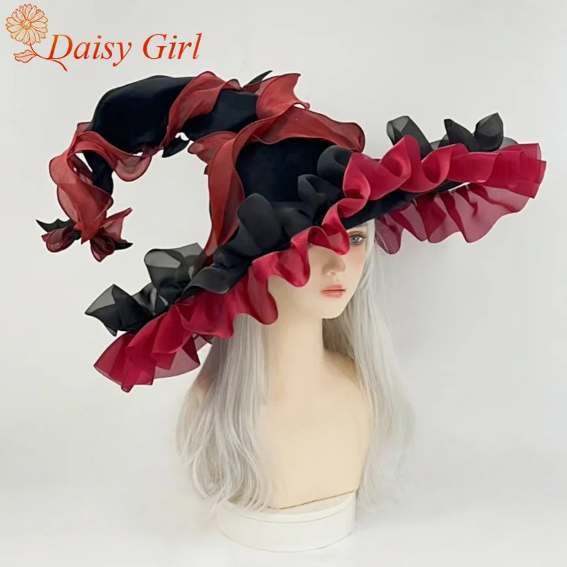 New Halloween Witch Hat Lace Dark Bat Wizard Big Blade Hat Lolita Dress up Cosplay Headdress Props