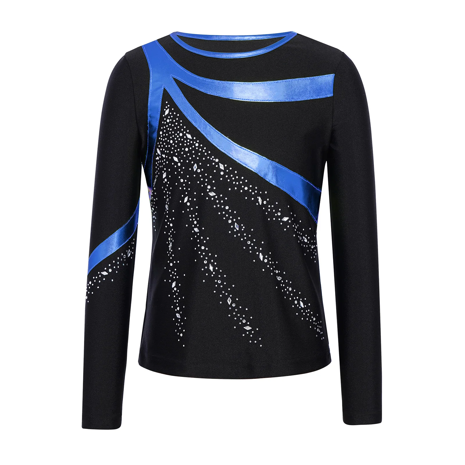 

Kids Boys Figure Skating Gymnastics Performance Costume Shirts Long Sleeve Metallic Patchwork Rhinestones Dancewear Ballet Top
