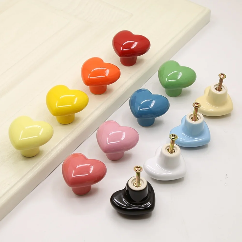 Stylish Heart Design Pottery Cabinet Knob with Sticky Pad for Drill Installation Suitable for Drawer and Bottle Use
