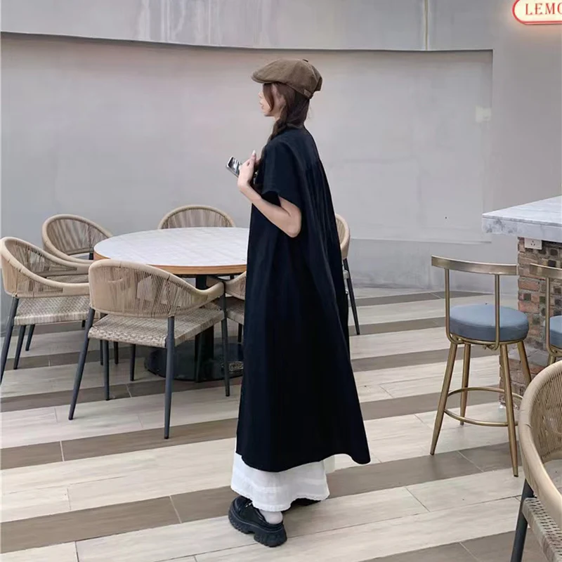 Japanese Midi Black Shirt Women Summer Fashion Short Sleeve Casual Loose Buttons Top Female Chic Yamamoto Style All-Match Blouse