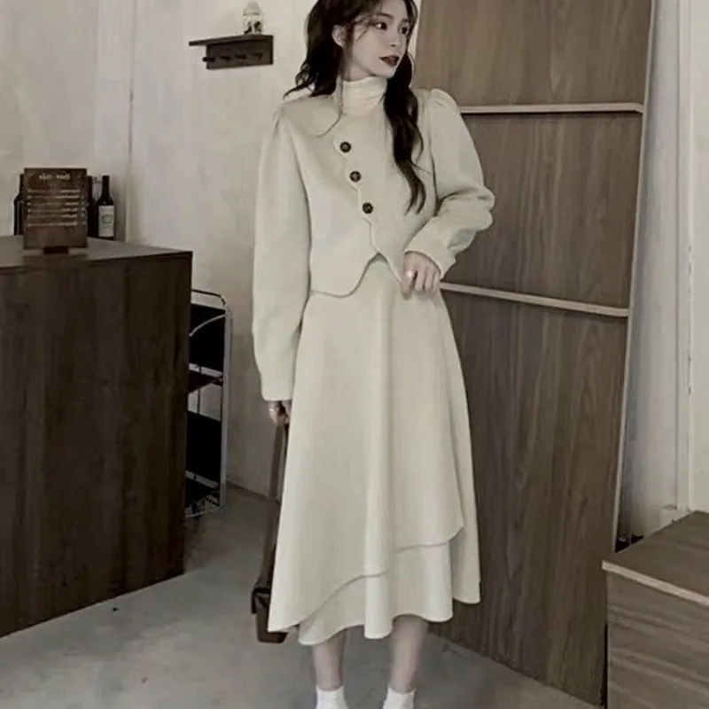 Temperament Fashion Woolen Coat Irregular Skirt Two-piece Set Lady O-neck Single Breasted Sweet Celebrity Solid Slim Winter Suit