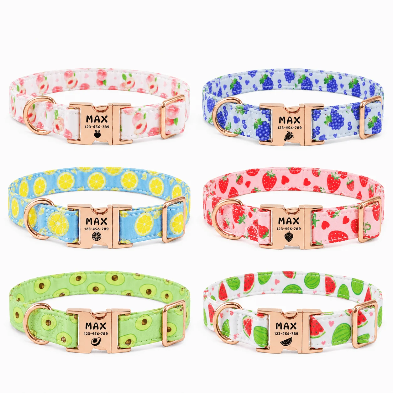 Individuell bedrucktes Haustierhalsband mit Fruchtmotiven, verstellbares Halsband mit passenden Fruchtvektormustern, geeignet für mittelgroße und kleine Hunde und Katzen. – Detail 6