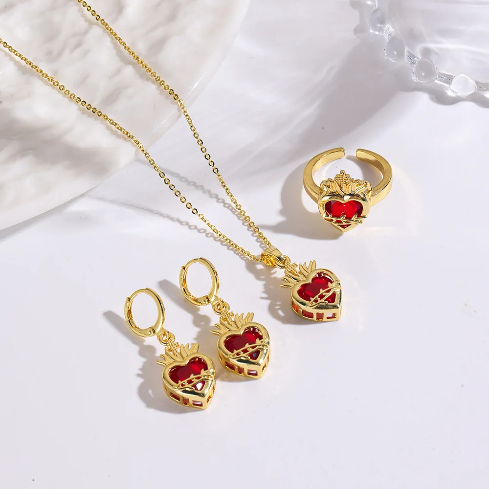 

Vintage Red Heart Cross Jewelry Set:Gem-encrusted earrings, necklace, and ring;gothic romantic gift. Perfect for Valentine's Day