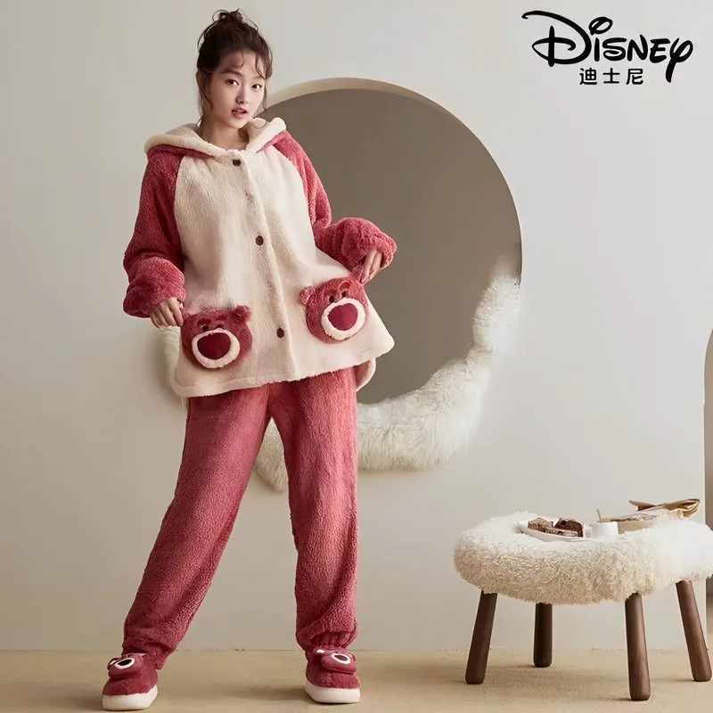 Disney New Strawberry Bear Pajamas Women's Autumn And Winter Coral Fleece Thickened Fleece-lined Cute Home Furnishings Suit