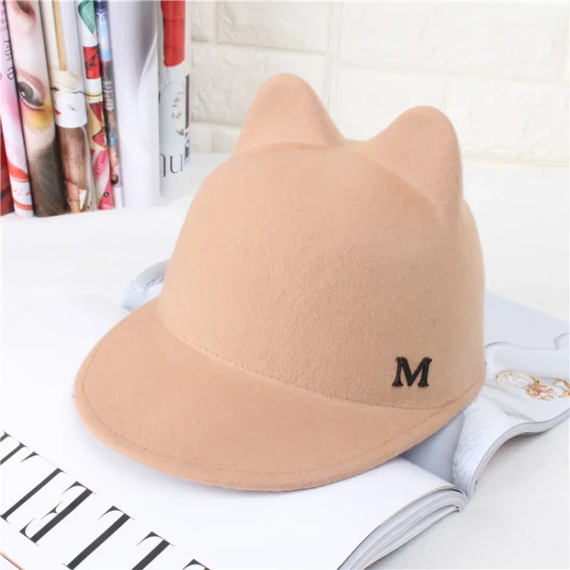 Plain Wool Felt Korean Cat Ears Equestrian Cap Parent-child Cap Flat Brim Horseman Trilby Hat for Men Women Children Boys Girls