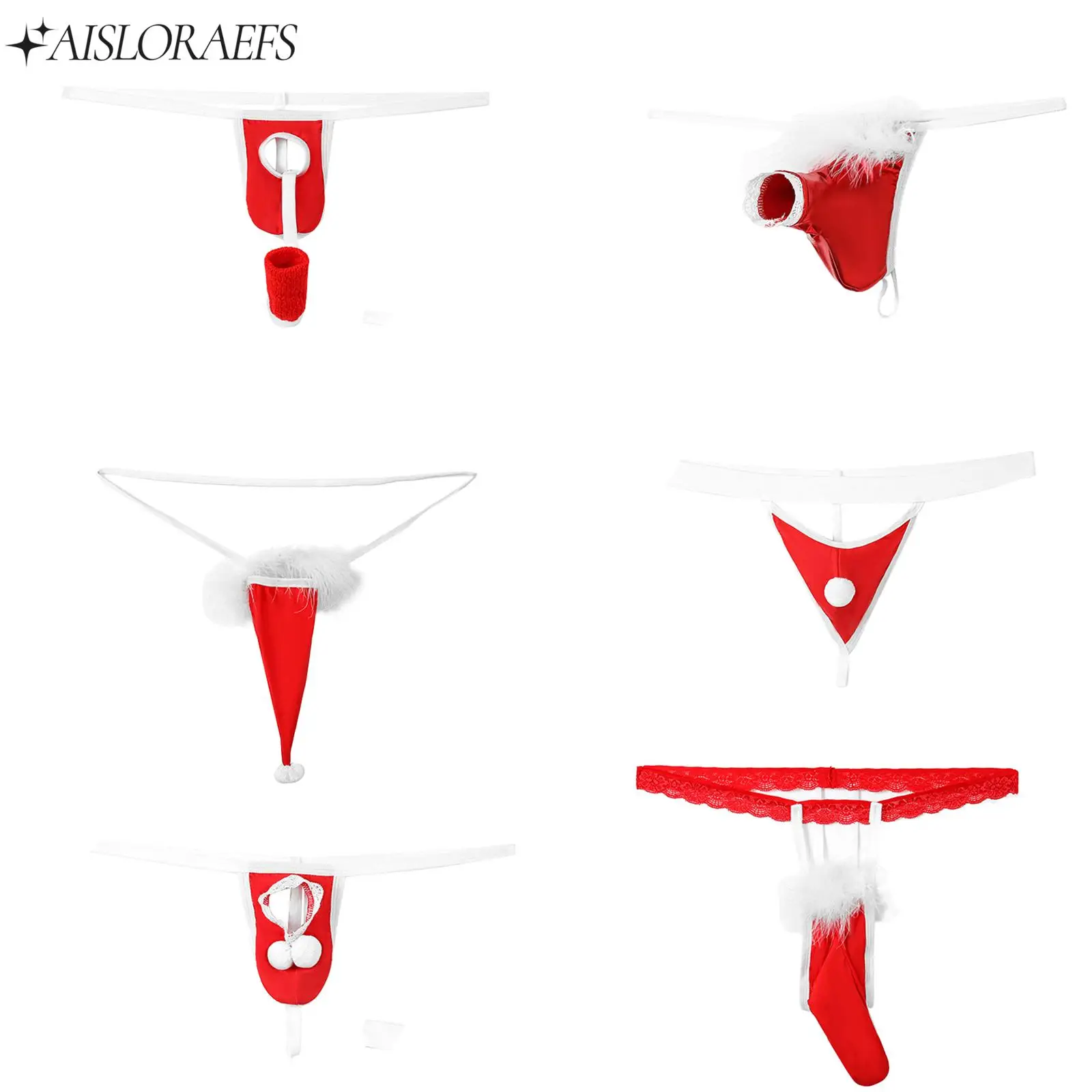 

Men Sexy Christmas Underwear Themed Fancy T-Back Thongs Feather Red And White Contrast Soft Sheath for Nightclub Funny Xmas Gift