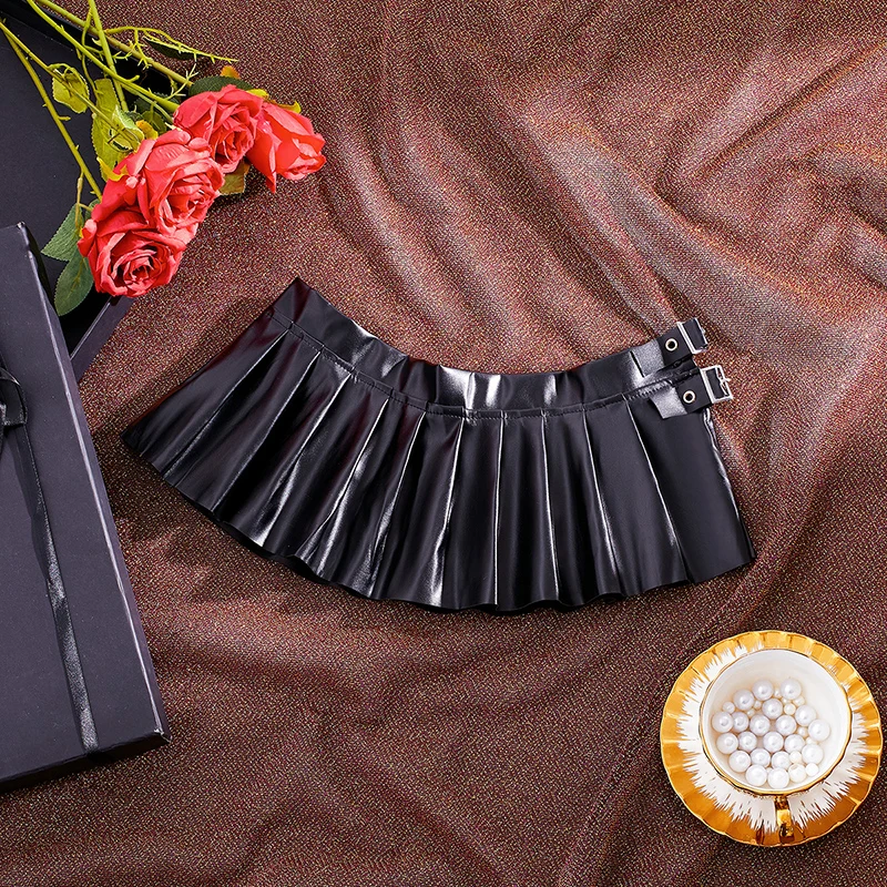 Sexy PU Leather Pleated Mini Skirt for Women Low Waist Solid Basic Nightwear Micro Bikini Clubwear Female Fashion Accessories