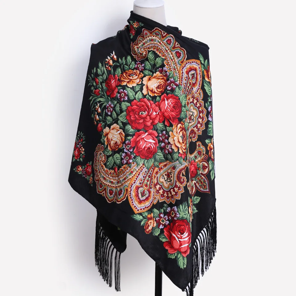 190*66Cm Vrouwen Russische Stijl Pioen Bloemenprint Lange Kwast Grote Vierkante Sjaal Warm Wrap Traditionele Etnische Mexicaanse Sjaal