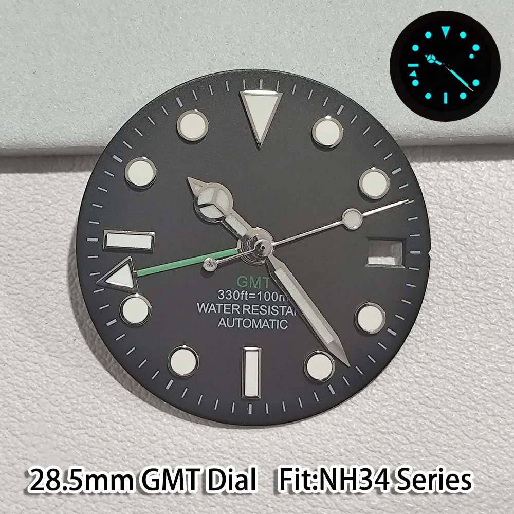 GMT 28.5MM Dial And Pointer Suitable for NH 34 Movement C3 Luminous Blue Green Watche Accessories Meteorite Texture Dials Parts