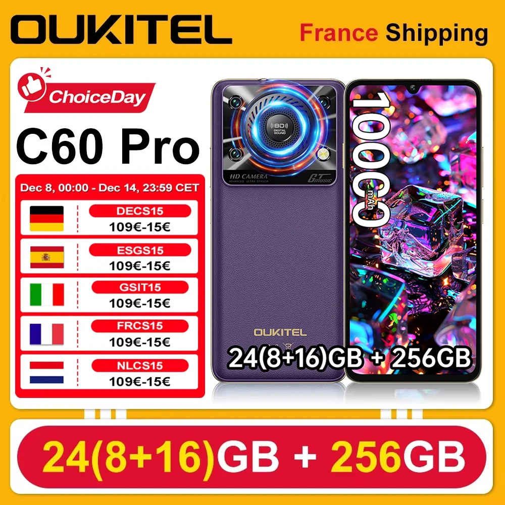 OUKITEL C60 Pro Android 15 Smartphone 24 (8 + 16) GB RAM 256GB ROM 4G 10000mAh 18W 6.88 "HD 90Hz 13MP + 5MP NFC téléphone portable