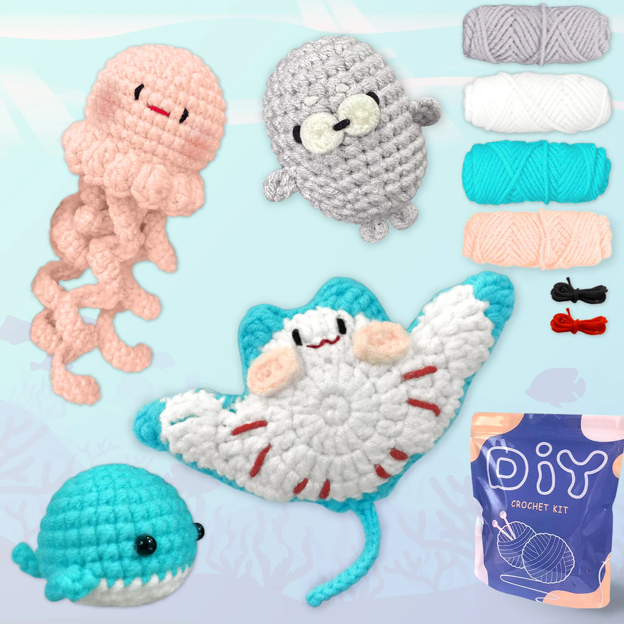 YAMAXIN 4 Uds Kit de ganchillo DIY para principiantes conjunto de herramientas de fácil artesanía con temática de animales oceánicos artes y manualidades tejer
