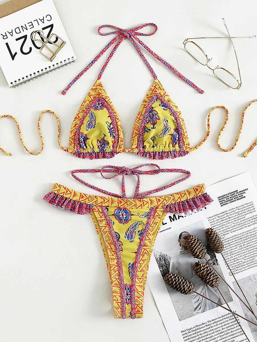 Bloemenprint Halter Ruches Frilled Bikini Dames Badmode Vrouwelijk Badpak Tweedelige bikiniset String Badpak Swim Lady