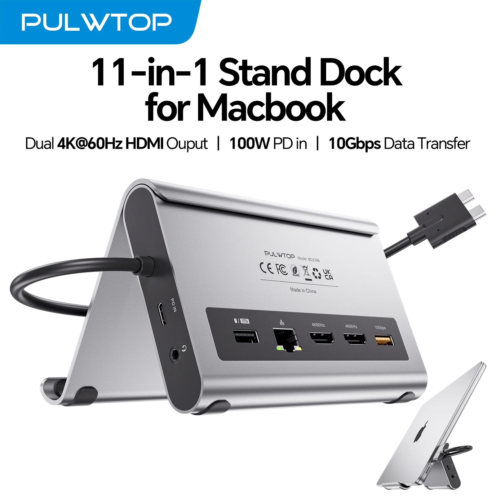 PULWTOP Docking Station Dual Monitor for MacBook Pro/Air M3/M4/M5, with 2 HDMI, PD, Ethernet, USB A/C 10Gbps, Audio, SD/TF