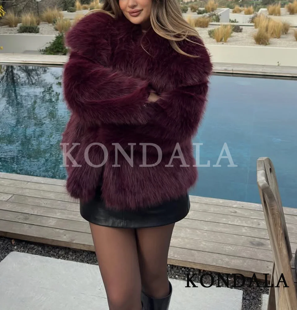 

KONDALA Elegant Burgundy Red Fur Coat Women Lapel Faux Fur Loose Coat 2025 Fall Winter Fashion Streetwear Coat Dinner Party Coat