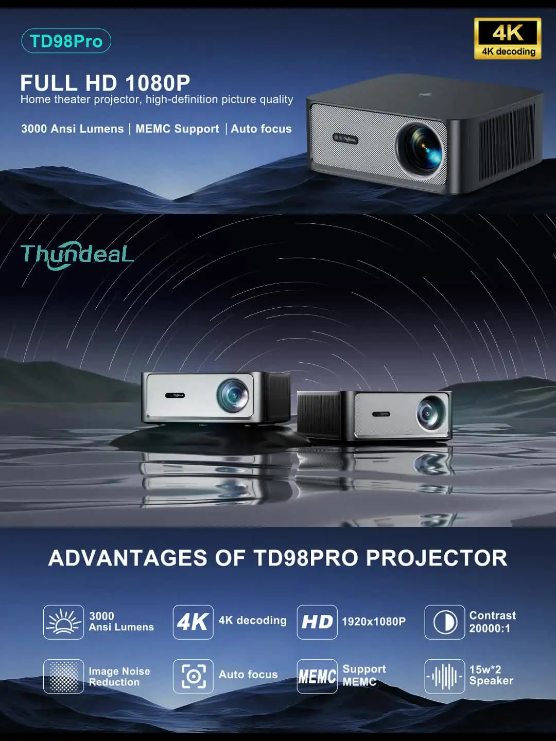 ThundeaL TD98Pro 1080P Portable Projector 4K WiFi Smart Home Theater
