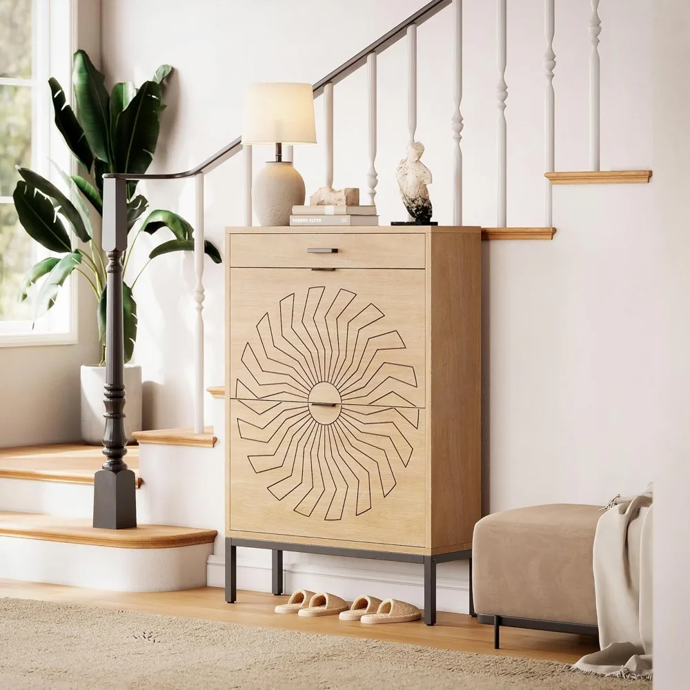 

Shoe Cabinet with 2 Flip Drawers, Freestanding Shoe Organizer with Drawer, Carved Sunflower Narrow Shoe Rack Cabinet for Entrywa