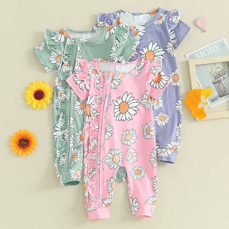 

Tregren 0-18M Newborn Baby Girls Jumpsuit Summer Short Sleeve Crew Neck Flower Print Zipper Closure Casual Infant Romper Clothes