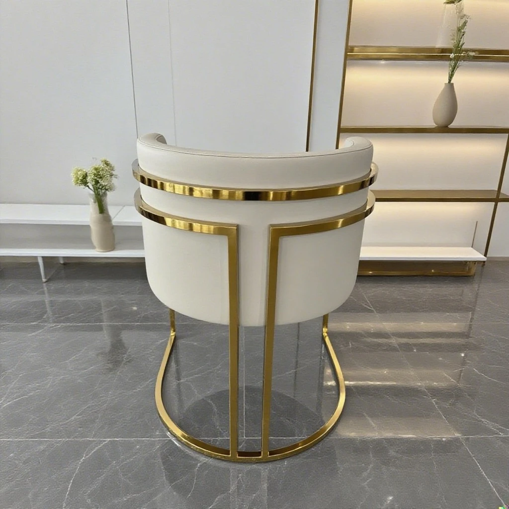 Modern white cream leather nail salon chair, gold metal, stylish office chair for customers waiting and technicians