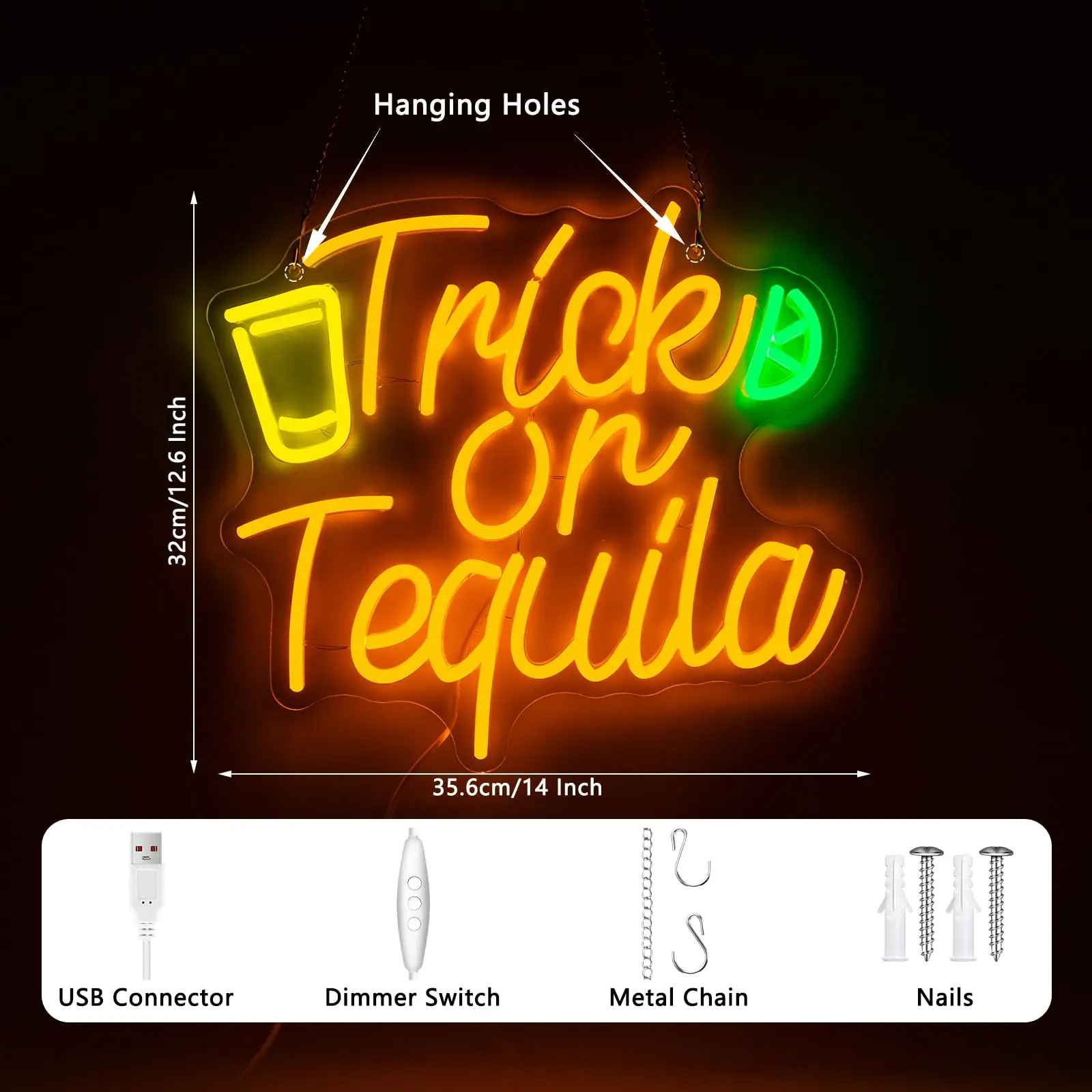할로윈 벽 장식용 트릭 오어 테킬라 네온사인, 침실 바 맨케이브 파티룸 장식용 USB 디밍 스위치, 오렌지 블랙