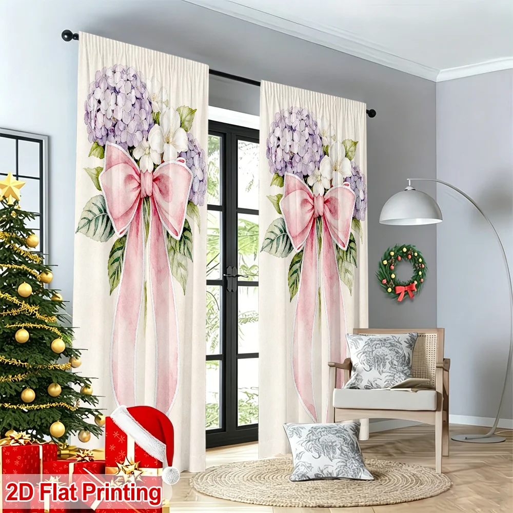 2PCS Digital Print Curtains, Pink Bow Hydrangea, Romantic Sweet